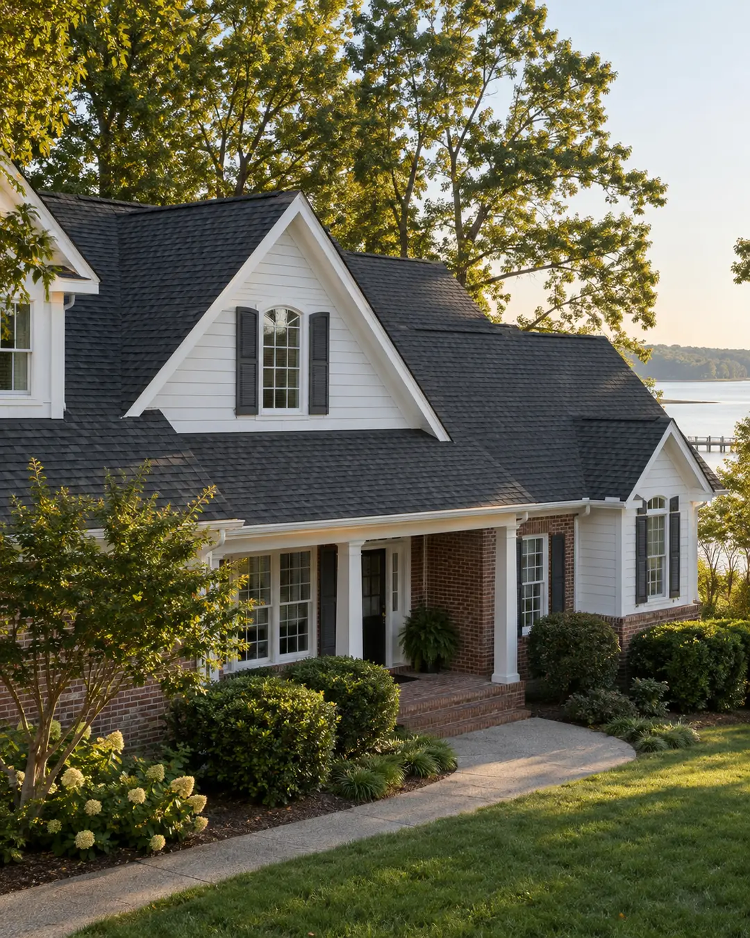 Finished residential roof on a white and brick Virginia house